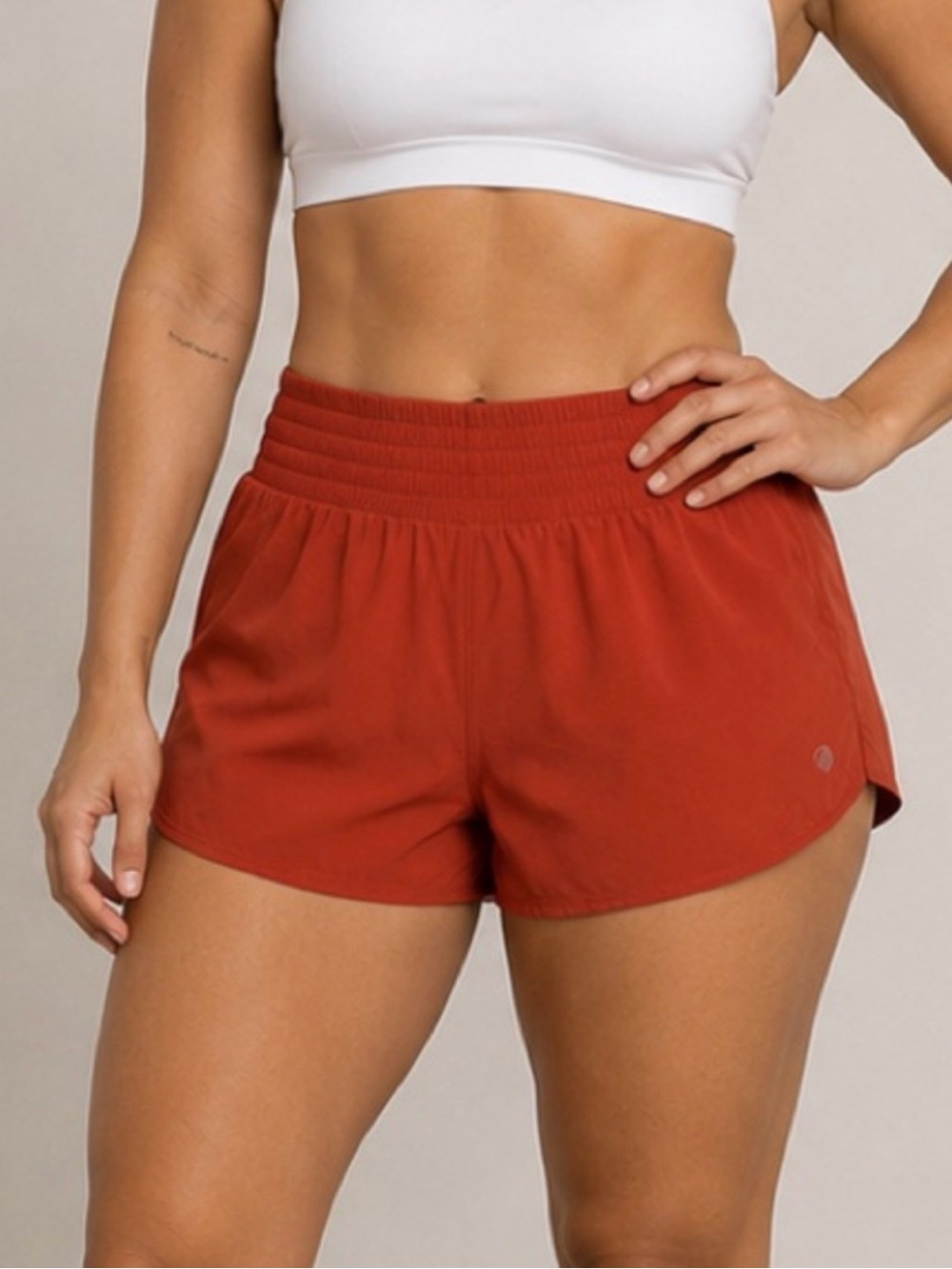 MPG Mondetta Performance Gear Smocked High-Waist Athletic Shorts Rust Orange XXL